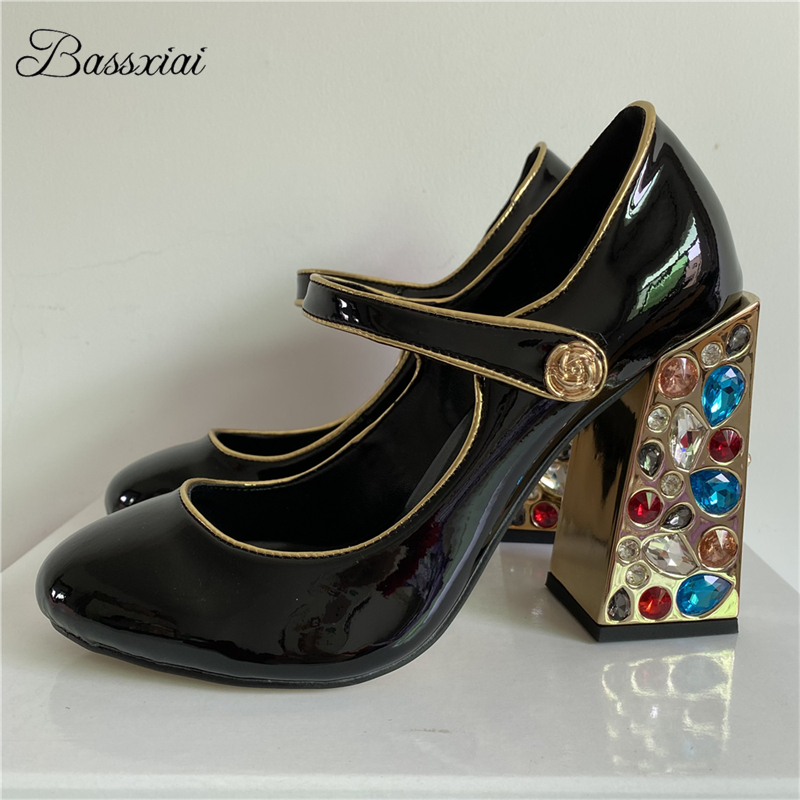 Leather Classic Strap - Kleurrijke Diamant Vierkante Hoge Hak Dames